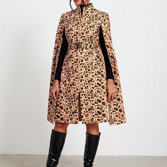 Multicolor Preppy Womens Leopard Print Cloak Sleeve Open Front Cape Coat - Picture 5 of 5